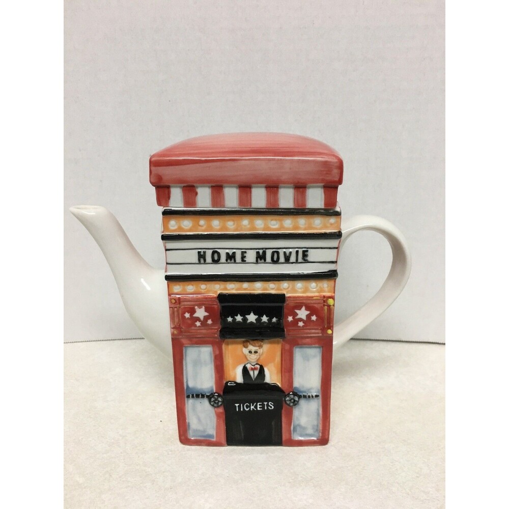 MSRF Inc. 2-Sided Collectible Ceramic Teapot Home Movie And Popcorn